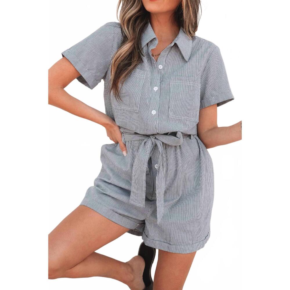 NEW AAPPARELLA pinstripe collared belted romper in grey
